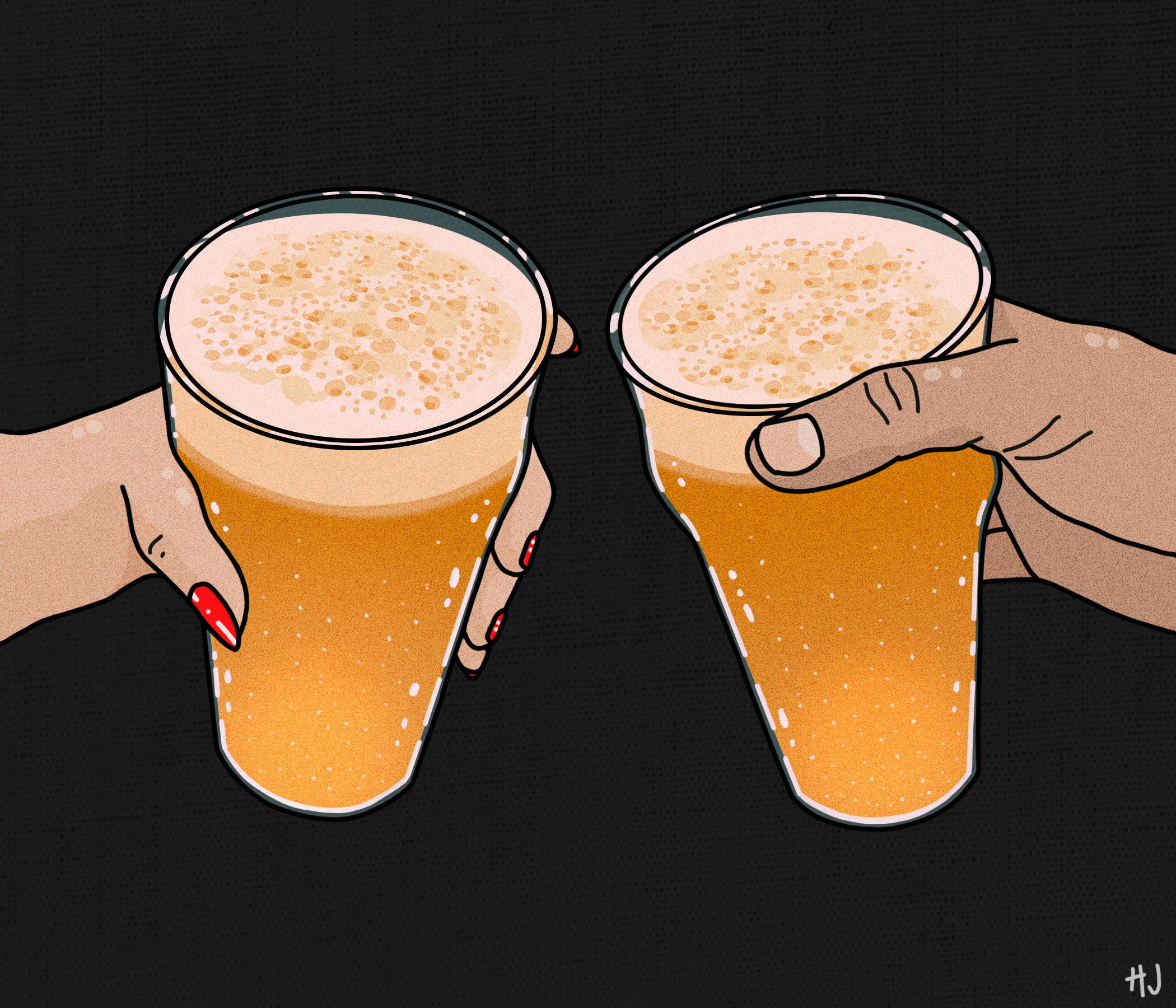 Digital illustration of two hands holding beer