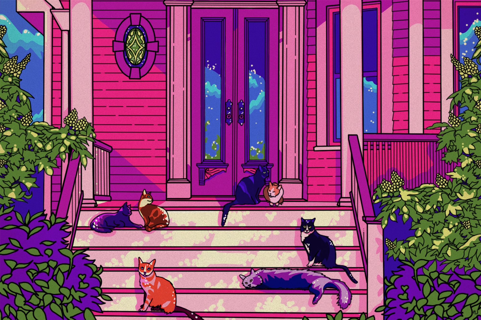 Digital illustration of several cats sitting on a front porch