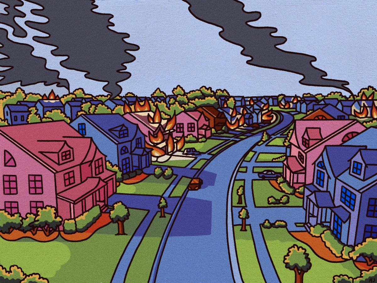 Digital illustration of a neighborhood with houses on fire