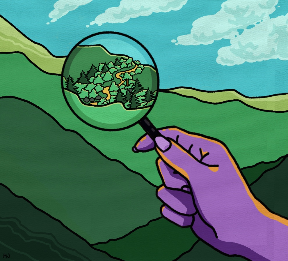 Digital illustration of a magnifying glass looking at a mountain trail