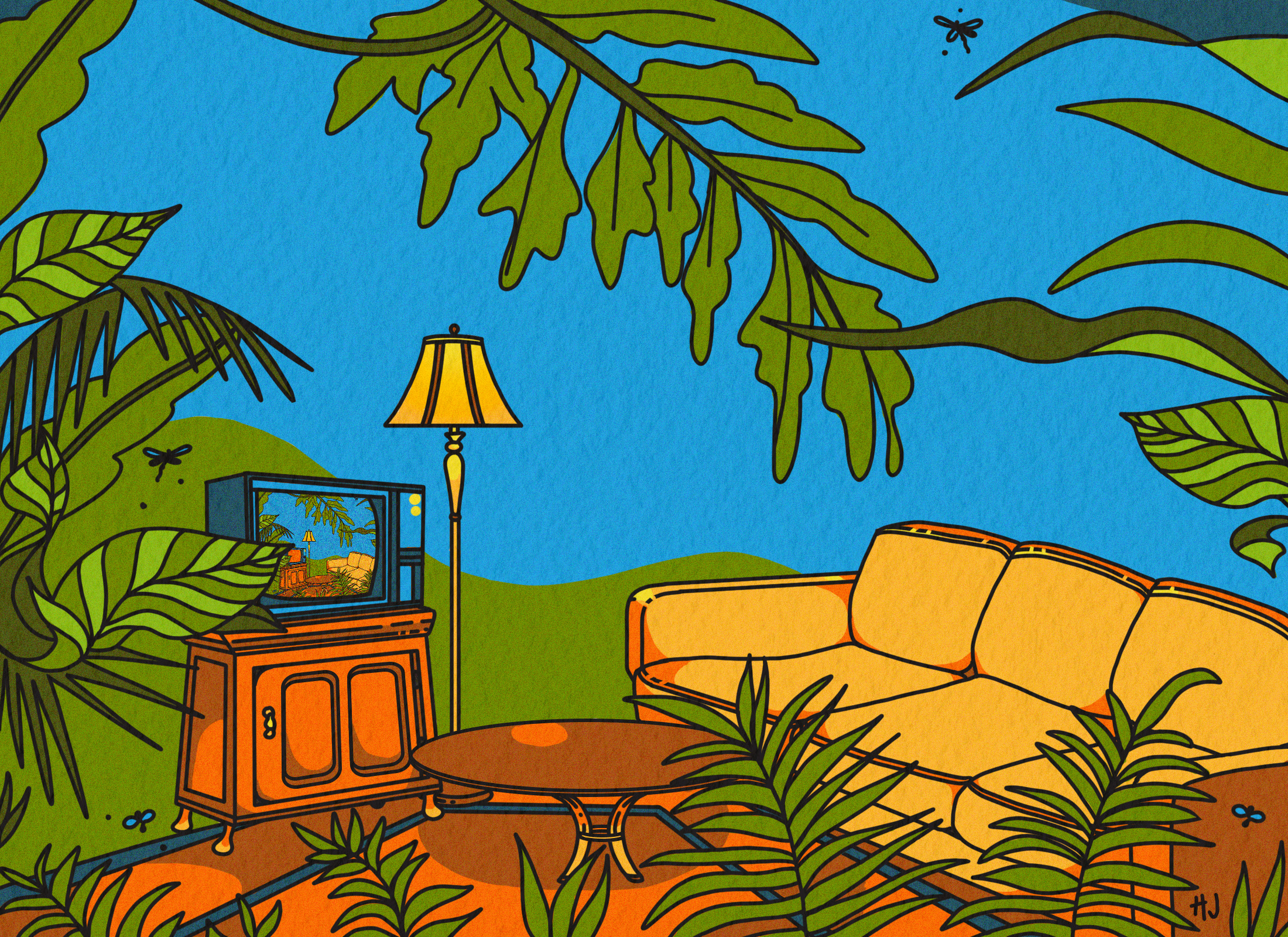 Digital illustration of a living room outside in a forest