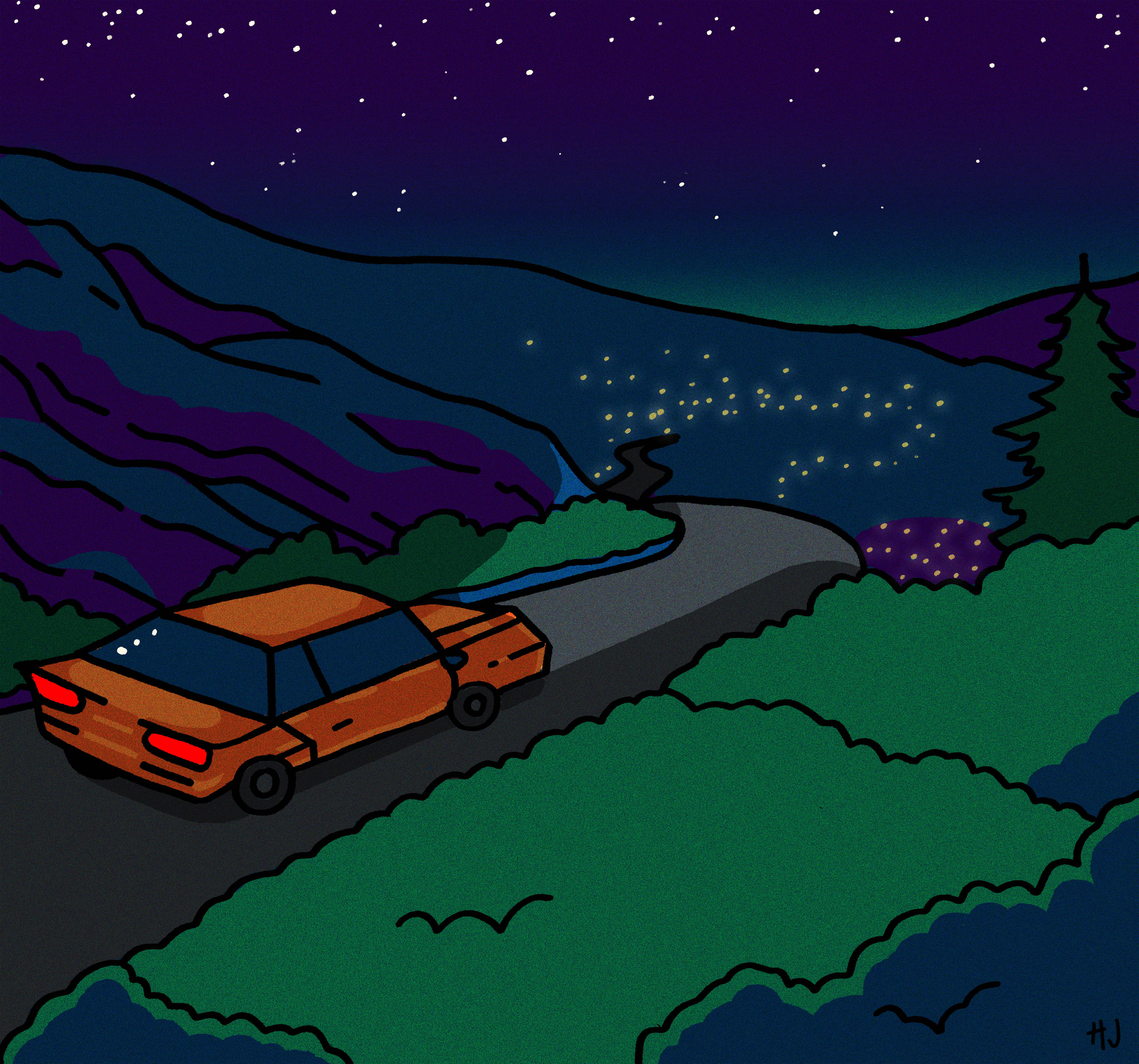 Digital illustration of a car driving on a mountain at night