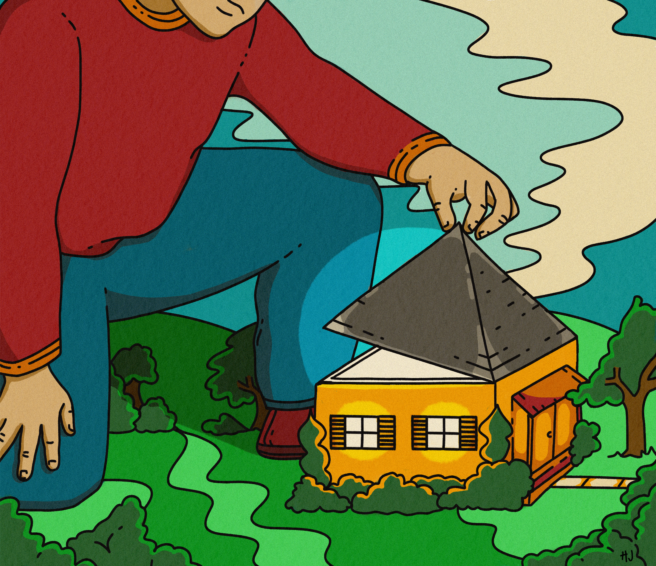 Digital illustration of a giant man lifting the roof of a house