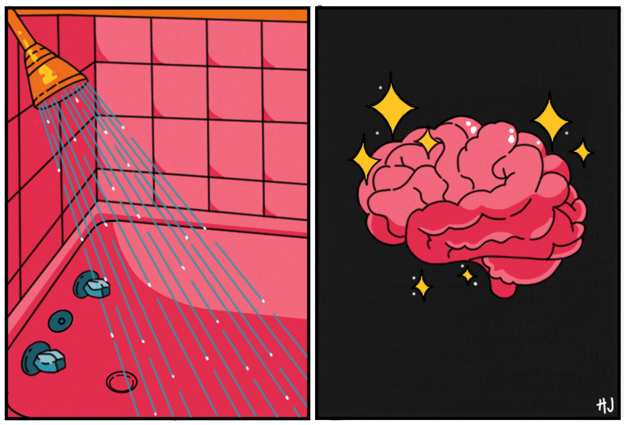 Digital illustration of a shower and a sparkly brain