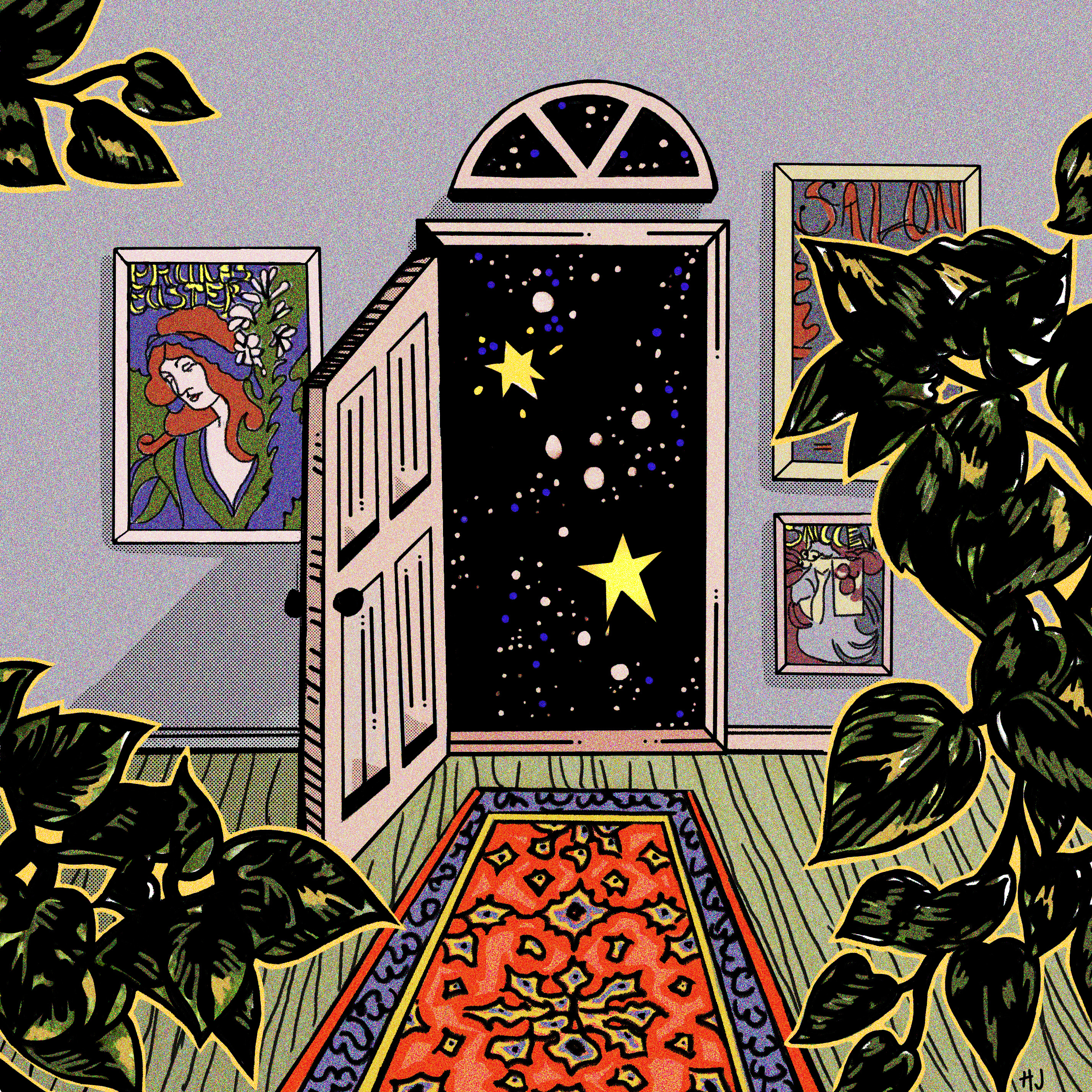 Digital illustration of a front door leading to outer space