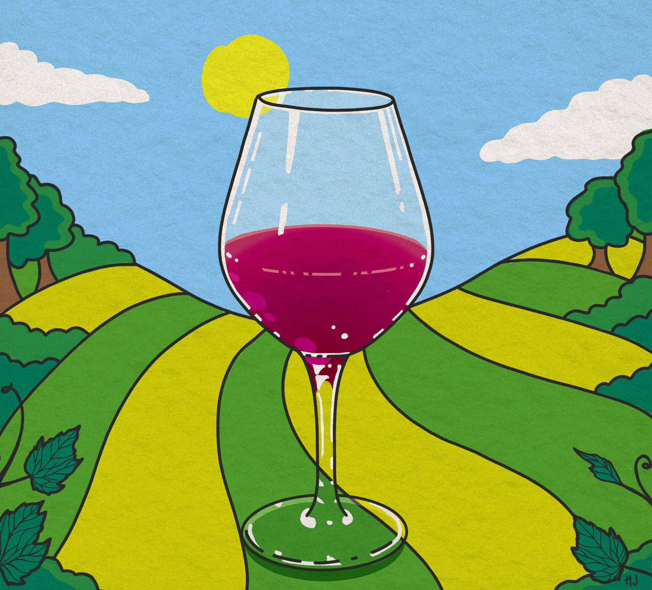 Digital illustration of a glass of wine sitting on a landscape